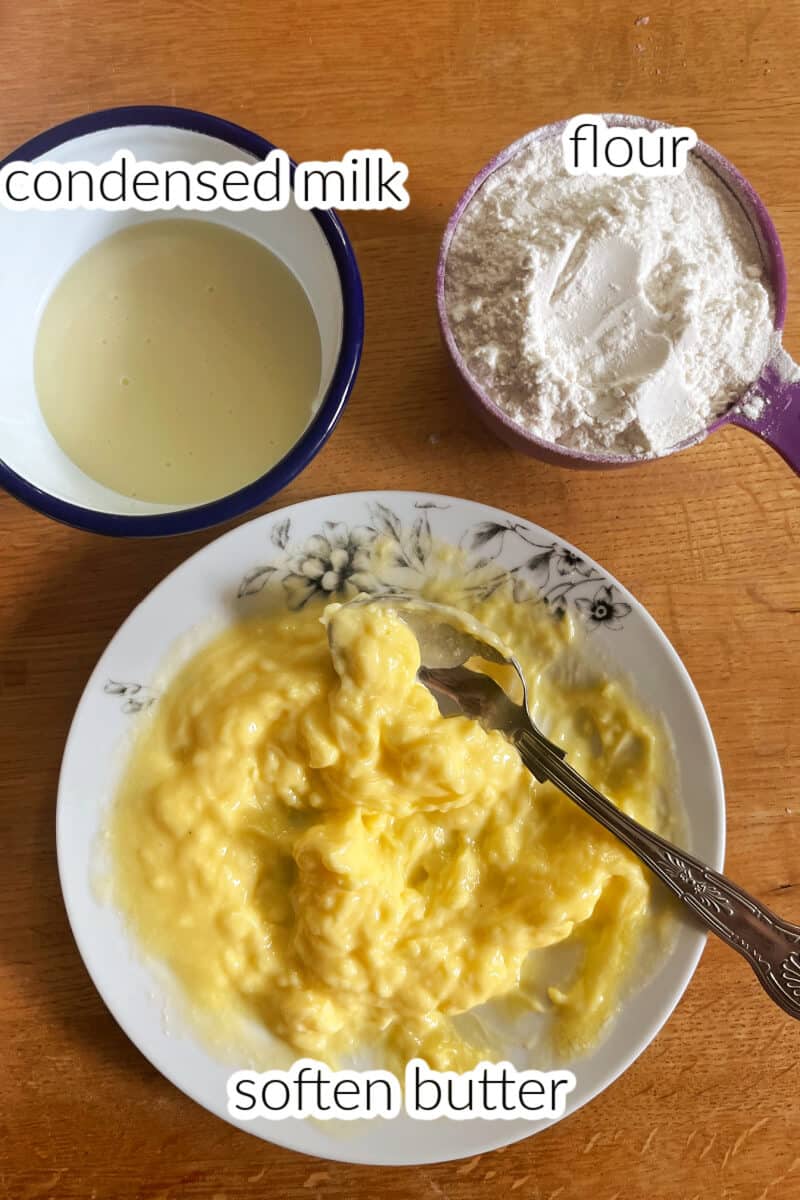 Ingredients to make condensed milk cookies.