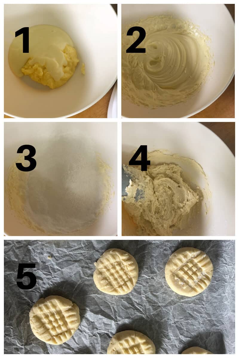 Collage of 5 photos to show how to make condensed milk cookies.
