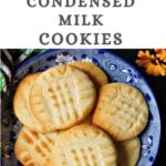 Condensed milk cookies on a blue plate.