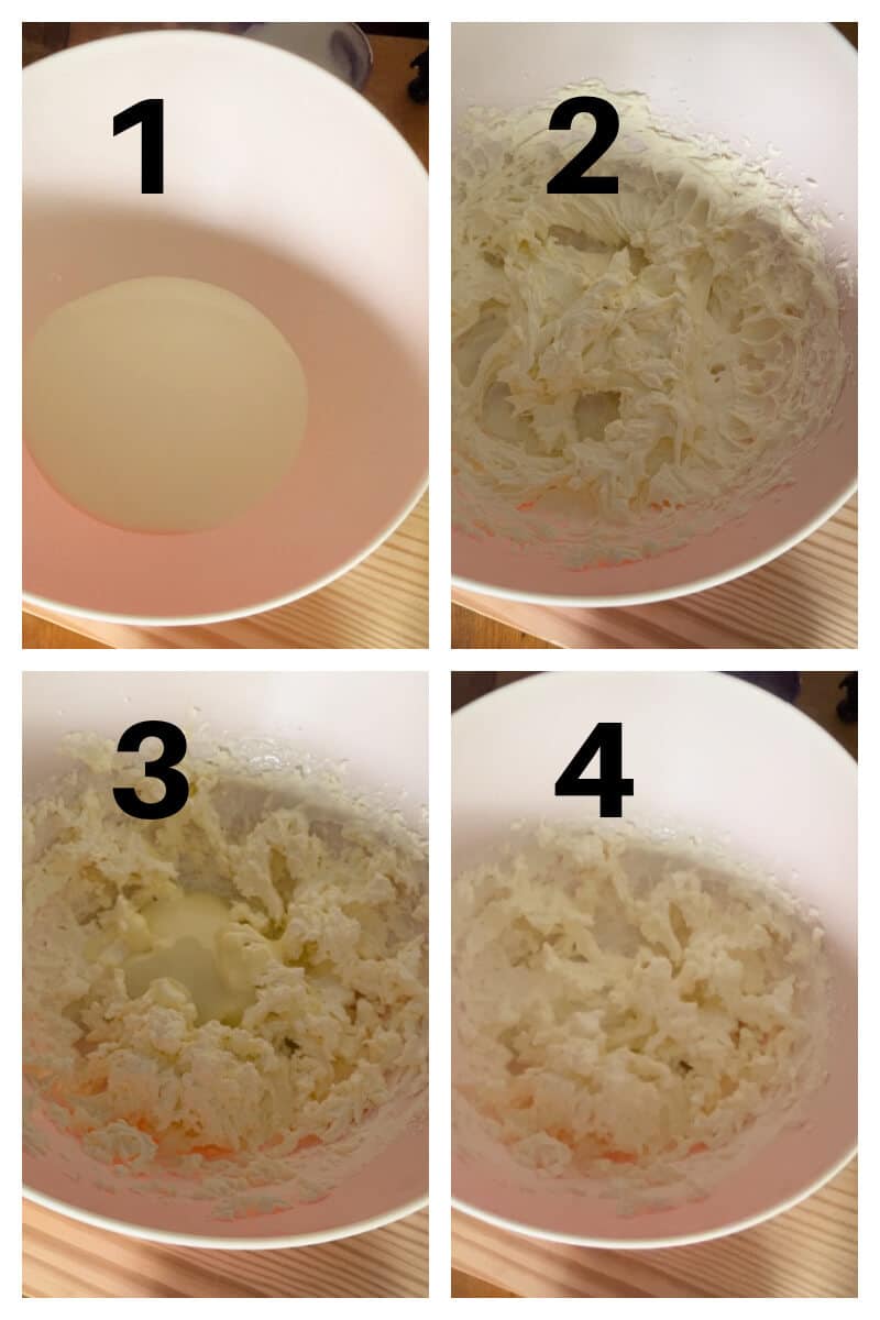 Collage of 4 photos to show how to make the base for mango mousse.