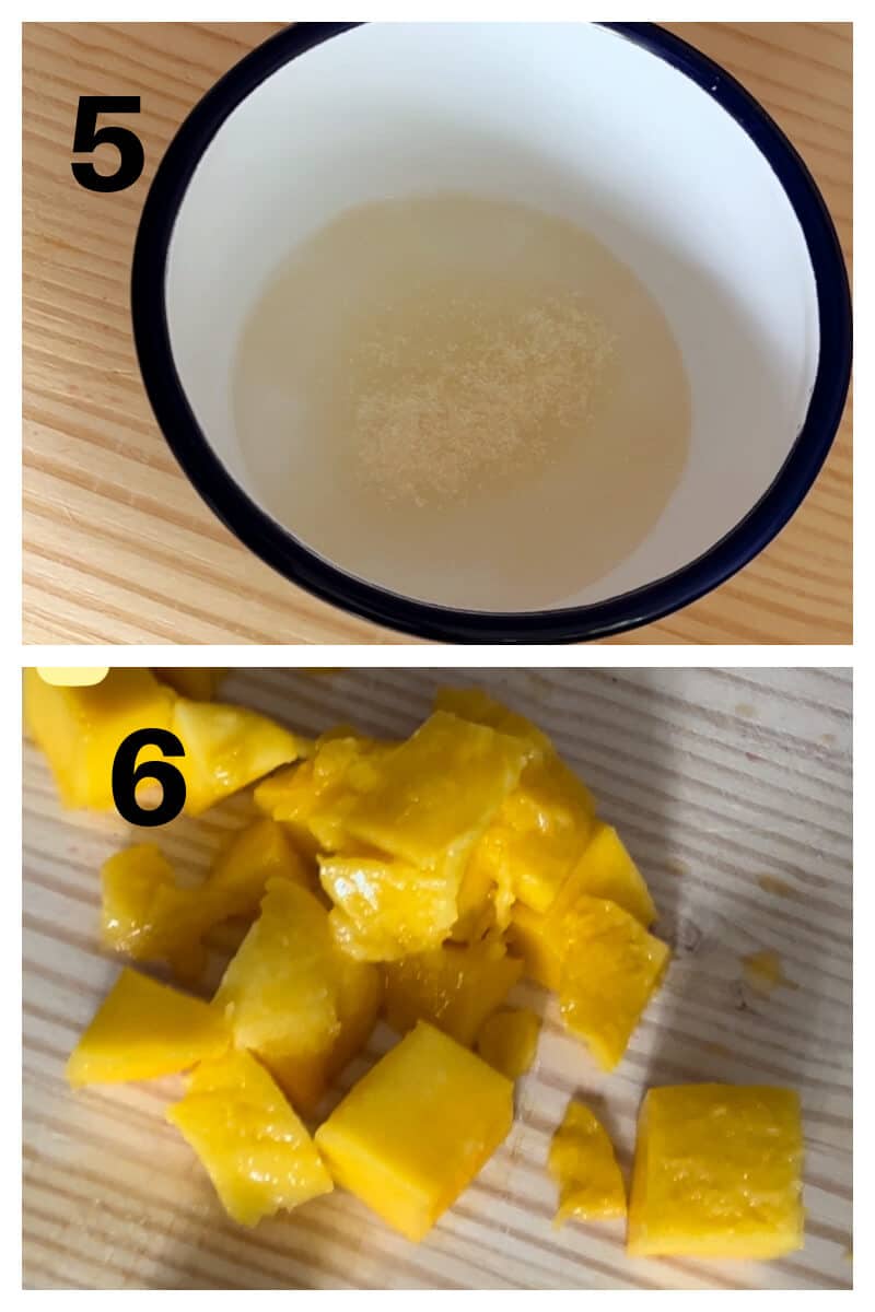 Collage of 2 photos to show how to use the gelatine and chop the mangoes.
