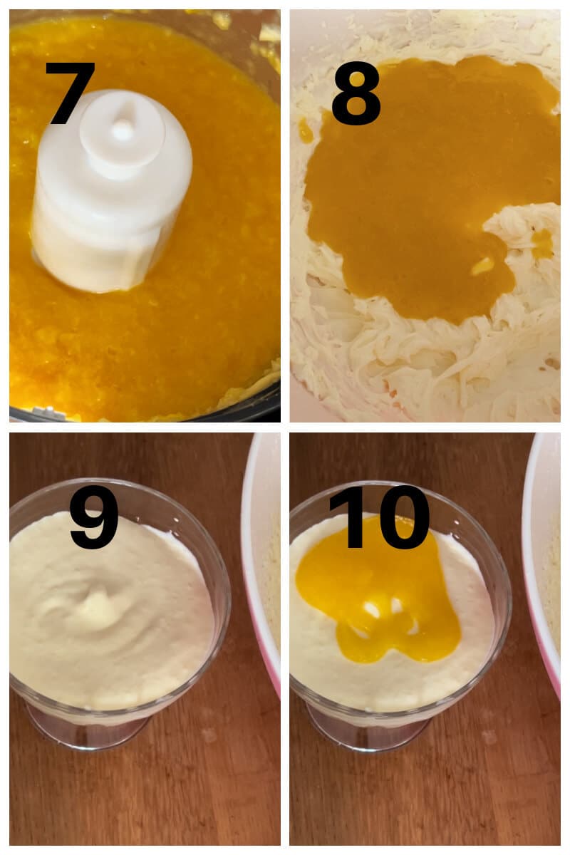 Collage of 4 photos to show how to make mango mousse.