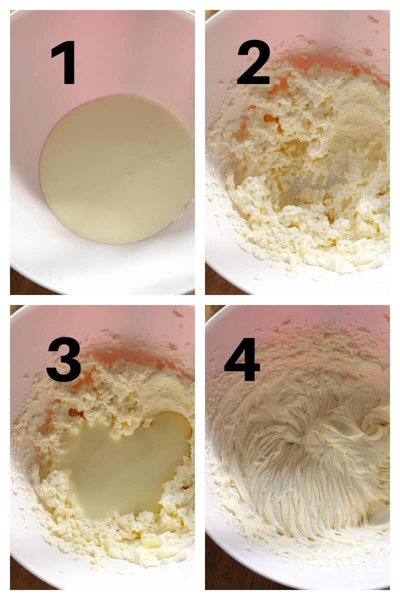 Collage of 4 photos to show how to make ice cream with condensed milk.