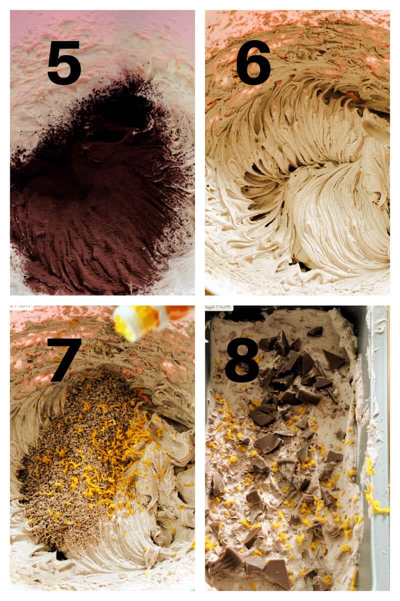 Collage of 4 photos to show how to make chocolate orange ice cream.
