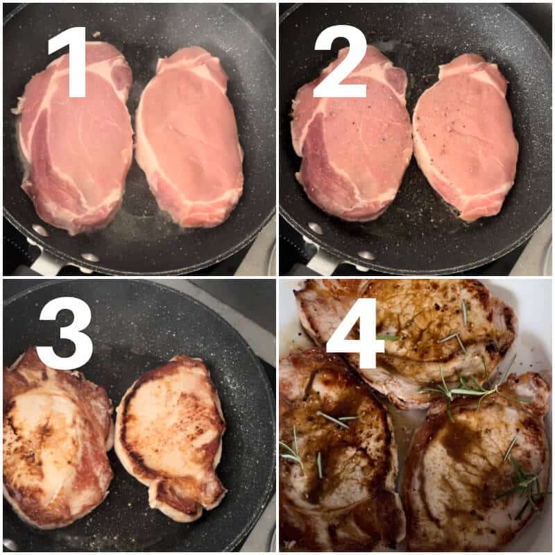 Collage of 4 photos to show how to make pork steaks.