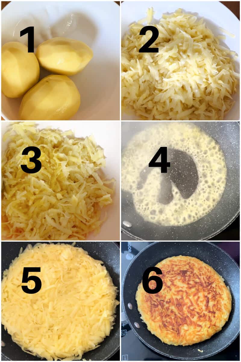 Collage of 6 photos to show how to make potato rosti.