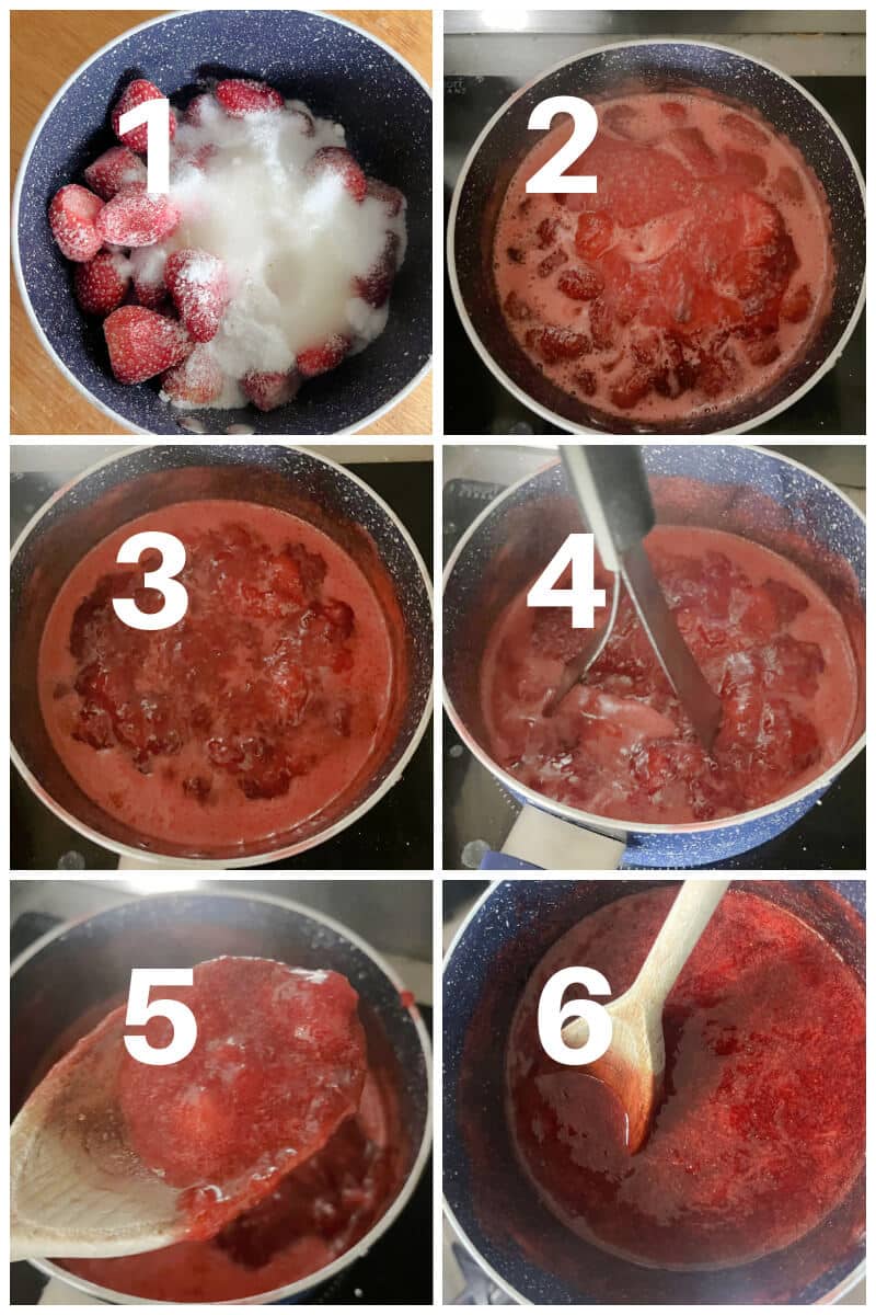 Collage of 6 photos to show how to make strawberry jam with frozen strawberries.