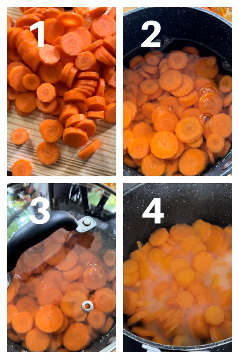 Collage of 4 photos to show the readers how to make carrot jam.
