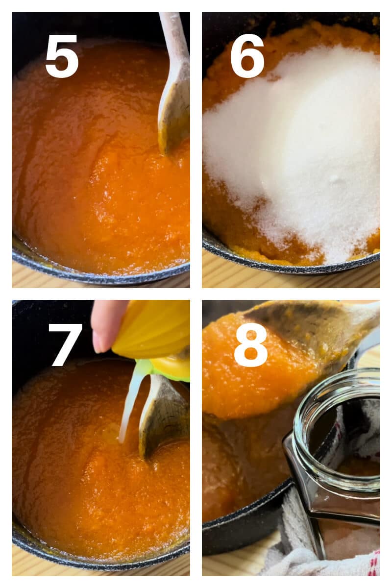 Collage of 4 photos to show the readers how to make carrot jam.