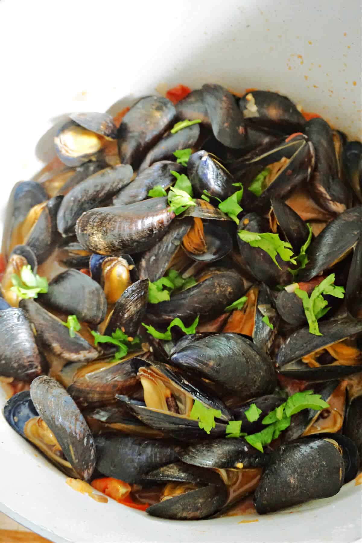A pot of steamed mussels garnished with fresh parsley.