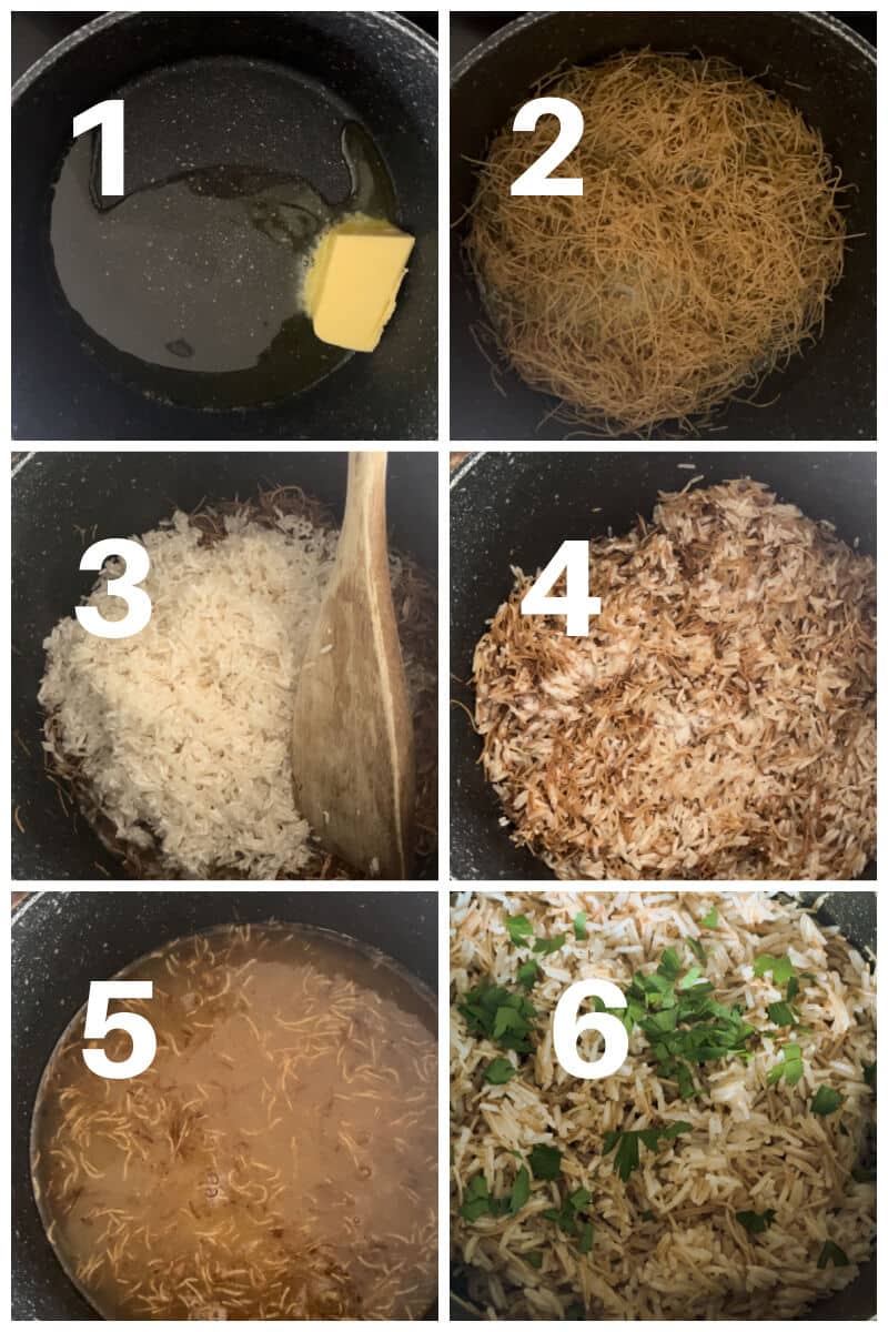 Collage of 6 photos to show how to make Lebanese rice.