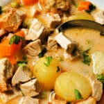 A portion of turkey and vegetable soup in a white plate with a ladle in it.