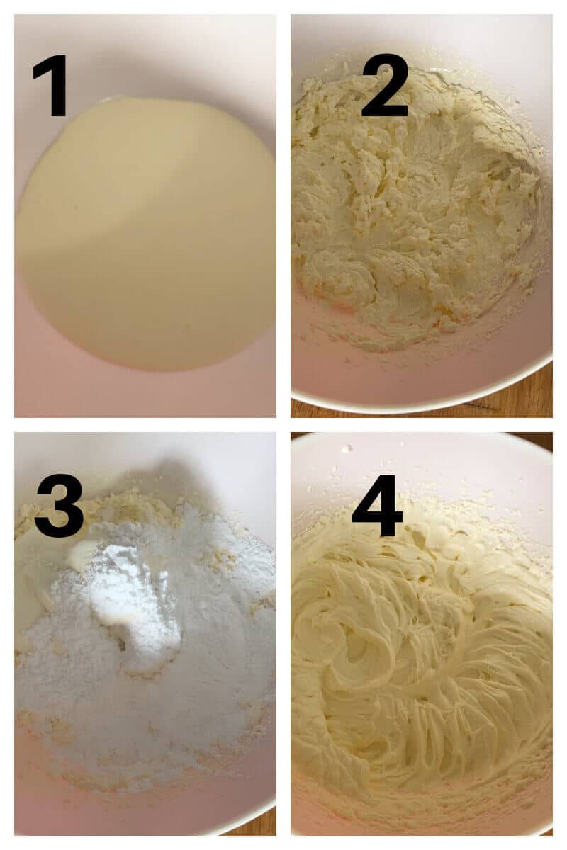 Collage of 4 photos to show how to make peanut butter filling for a pie.