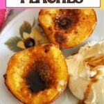 2 peach halves and a scoop of ice cream on a plate.