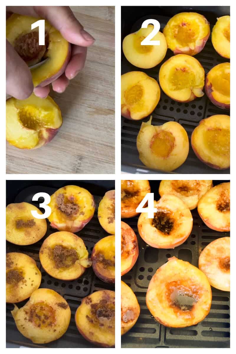 Collage of 4 photos to show how to make air fryer peaches.