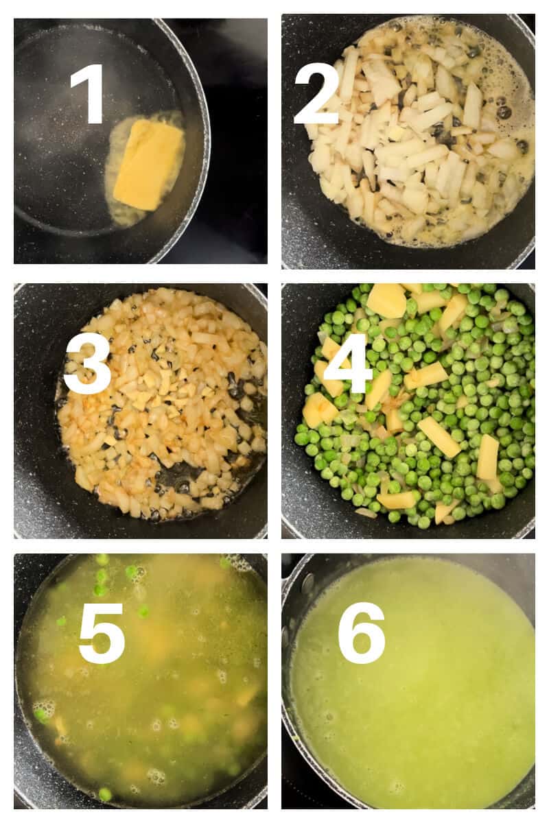 Collage of 6 photos to show how to make leftover ham and pea soup.