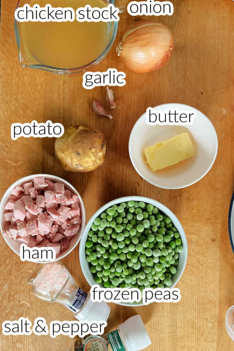 Ingredients used to make pea and ham soup.