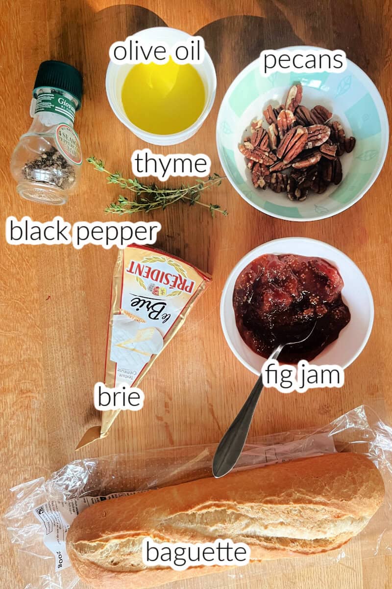 Ingredients used to make brie and fig jam crostini.