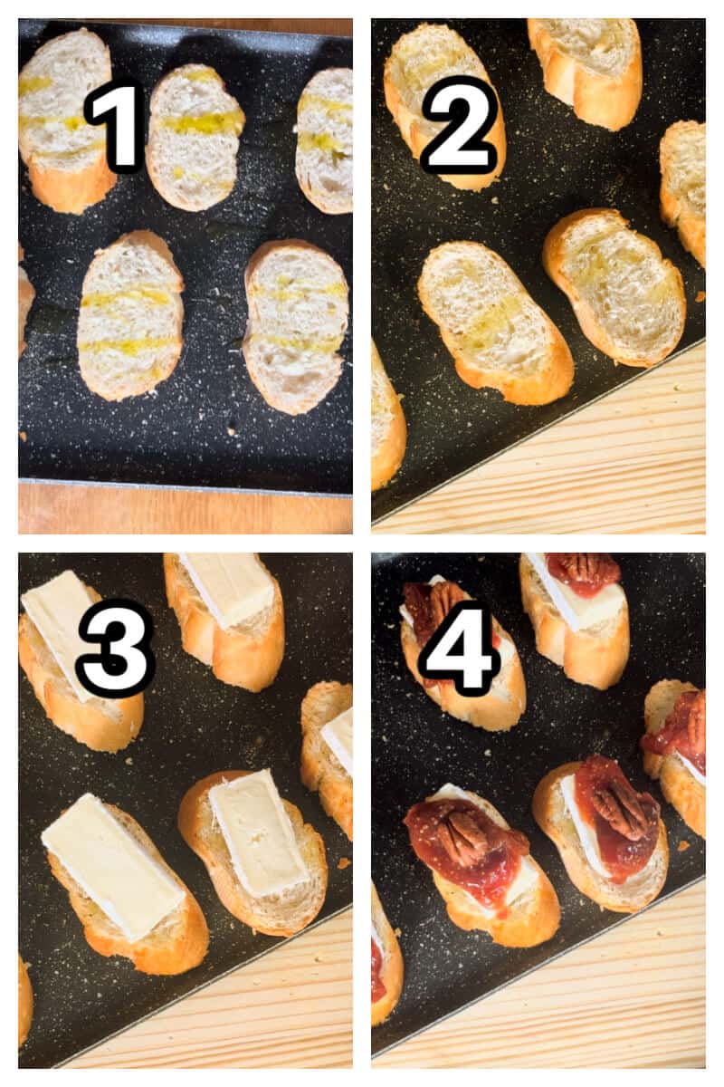 Collage of 4 photos to show how to make crostini with brie and fig jam.