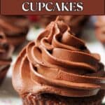 A chocolate cupcake on a white plate with more cupcakes in the background.