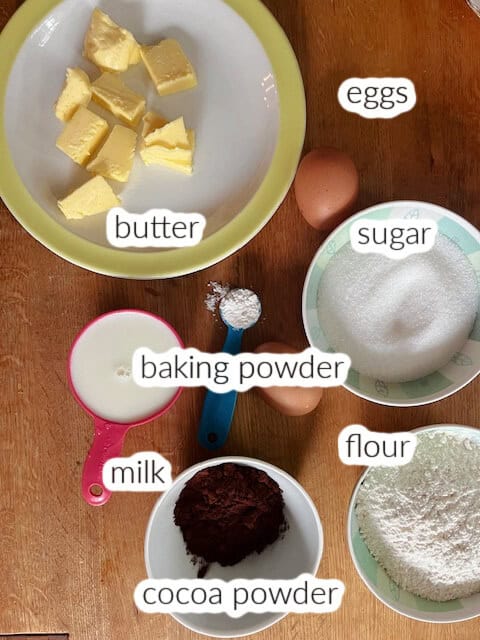 Ingredients used to make chocolate cupcakes.