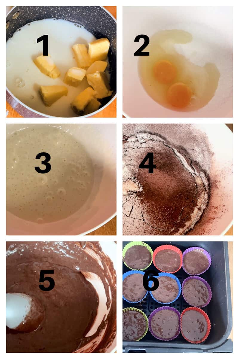 Collage of 6 photos to show how to make chocolate cupcake sponges.
