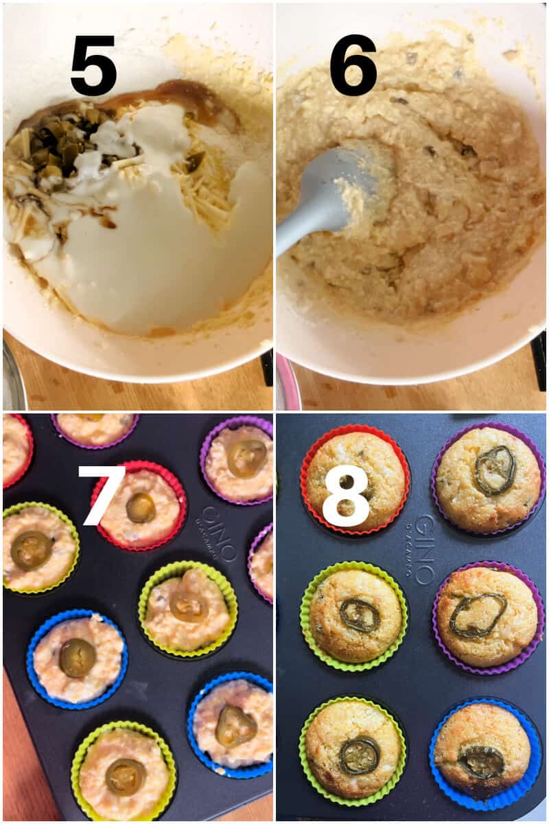 Collage of 4 photos to show how to make cornbread muffins with jalapenos and cheddar.