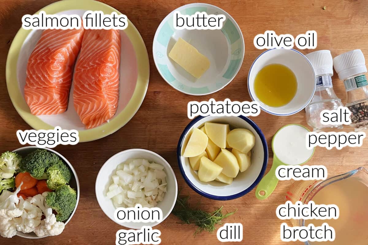 Ingredients needed to make salmon soup.
