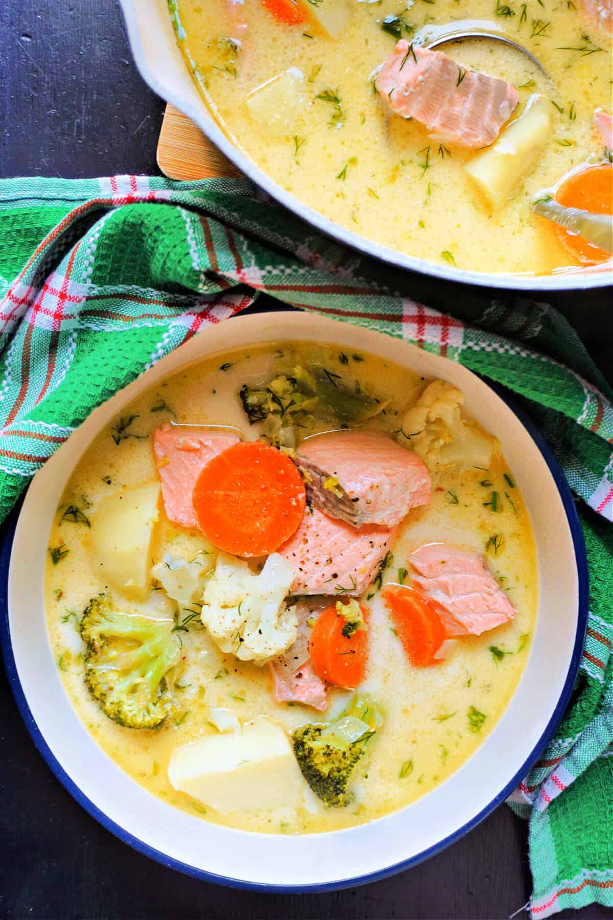 A white bowl with salmon and veggie soup and a pot at the top with more soup.