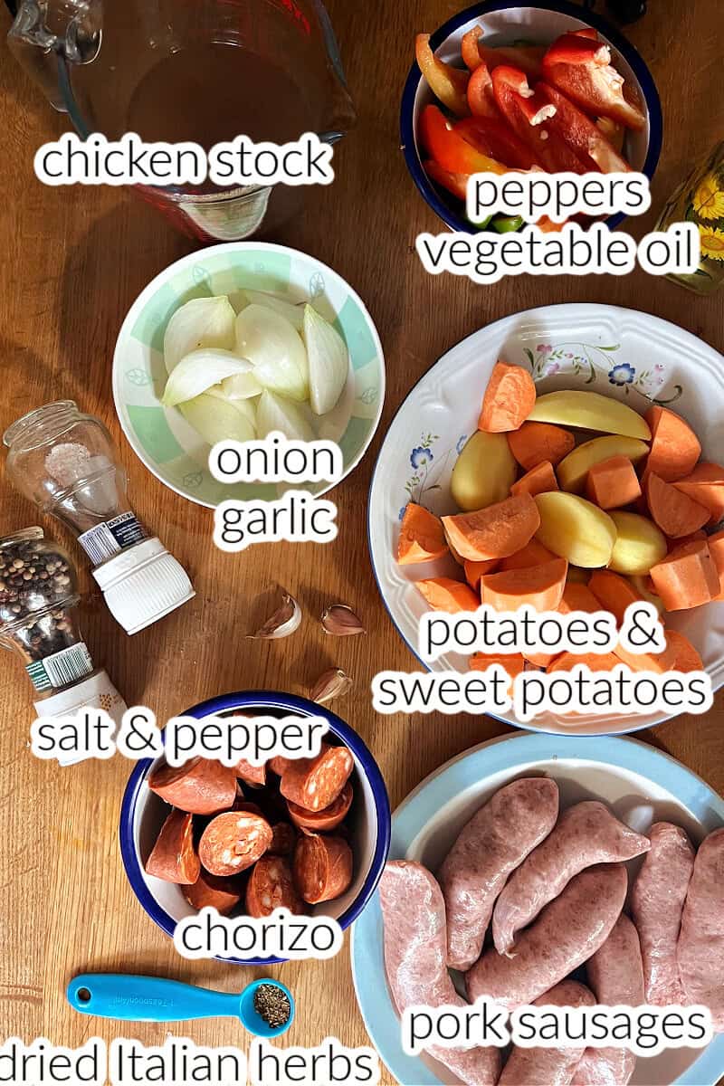 Ingredients used to make sausage tray bake.