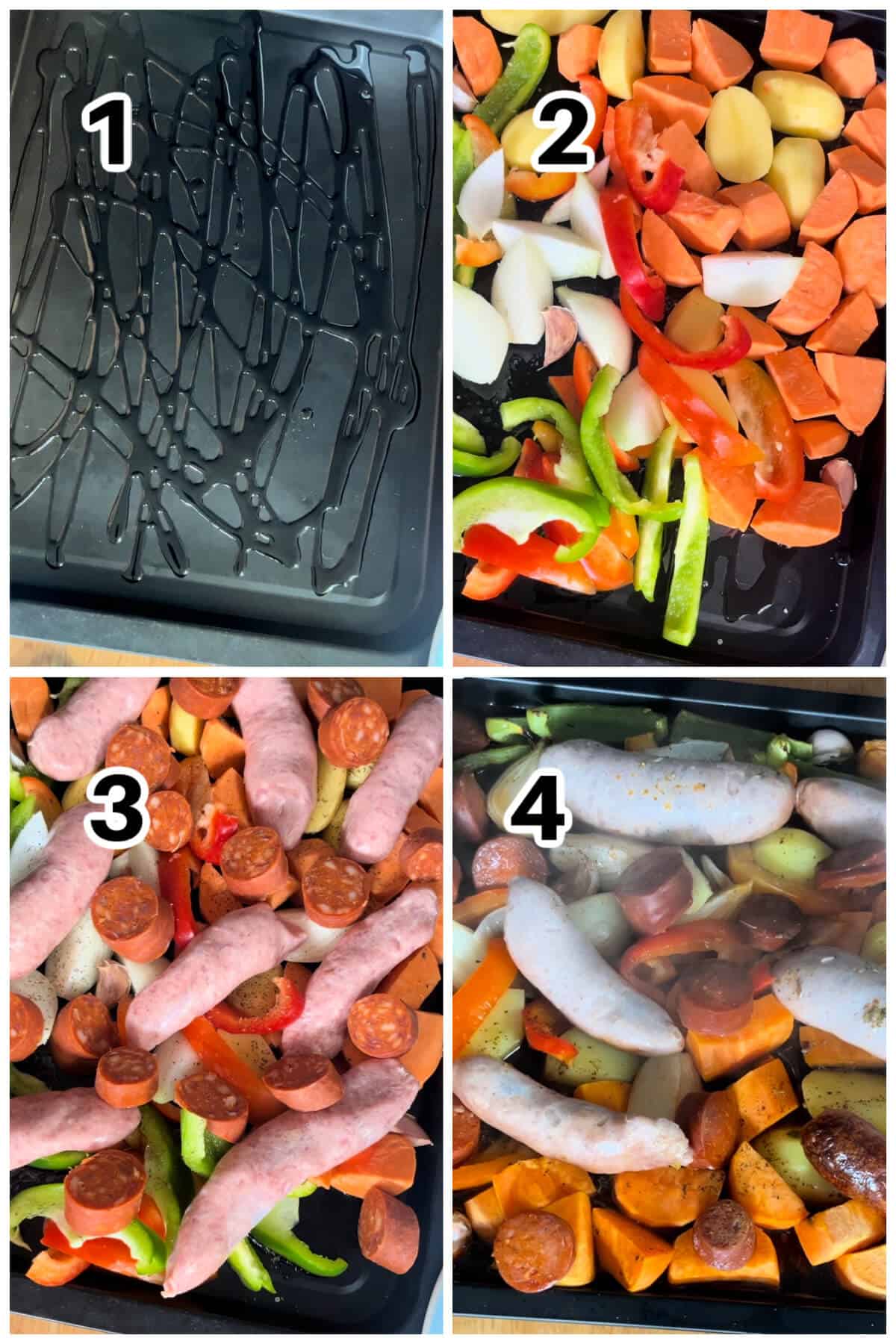 Collage of 4 photos to show how to make sausage tray bake.