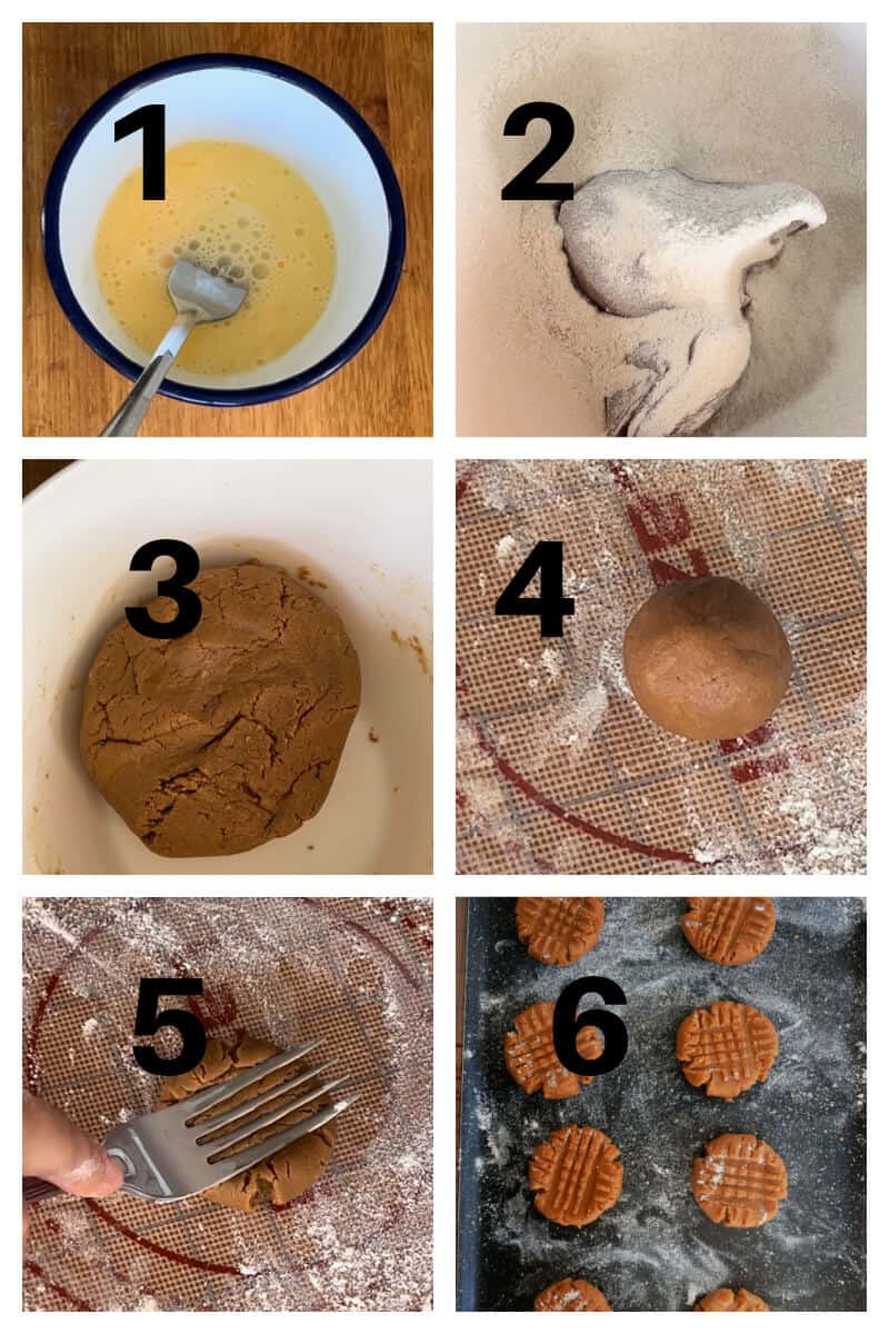 Collage of 6 photos to show how to make biscoff cookies.
