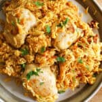 A large plate with a portion of chicken and rice.