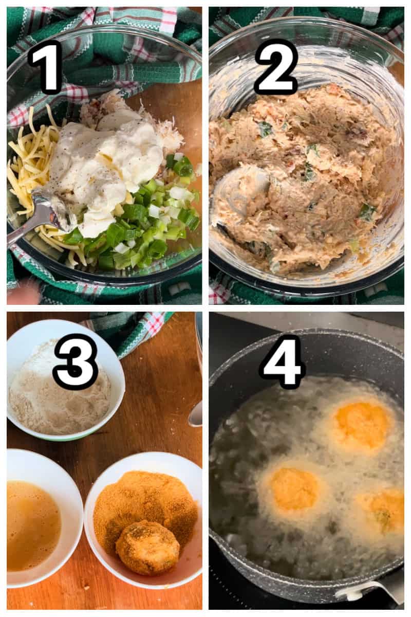 Collage of 4 photos to show how to make crab balls.