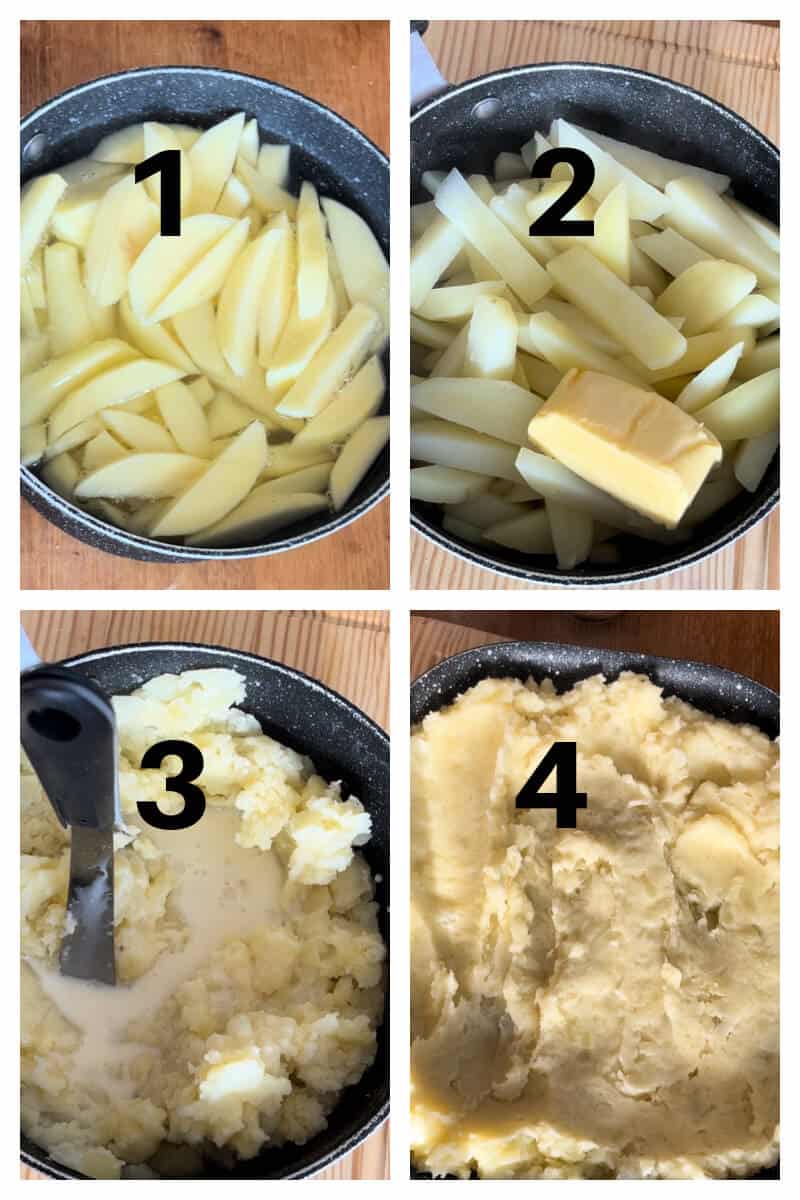 Collage of 4 photos to show how to make mashed potatoes.