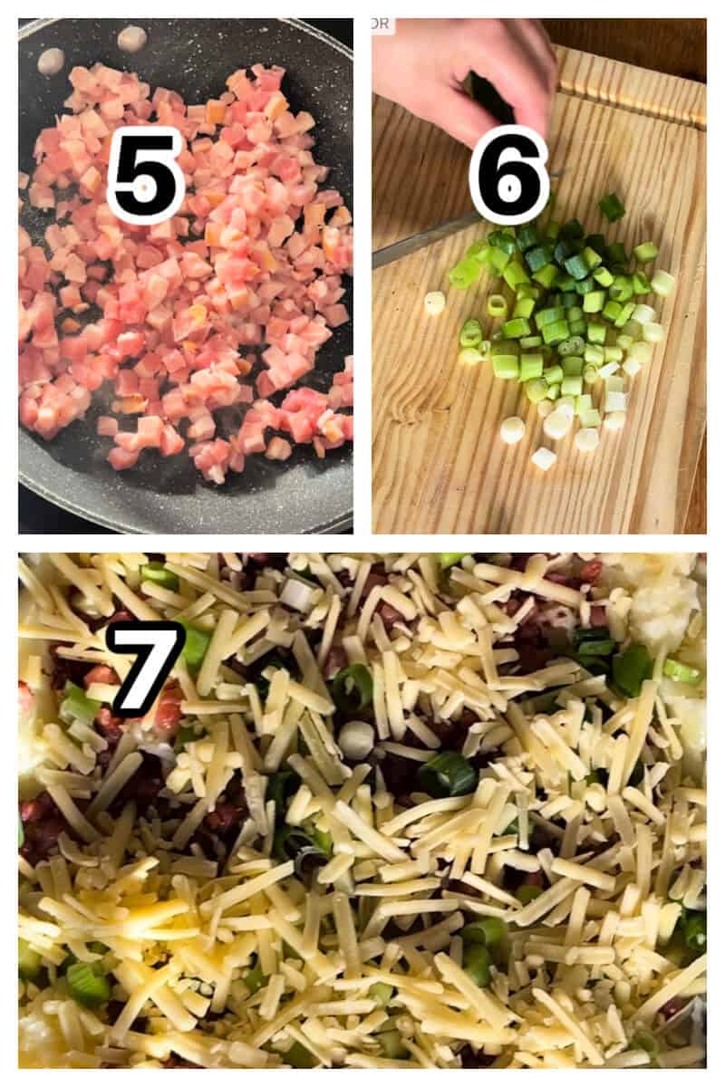 Collage of 3 photos to show how to assemble the mash casserole.