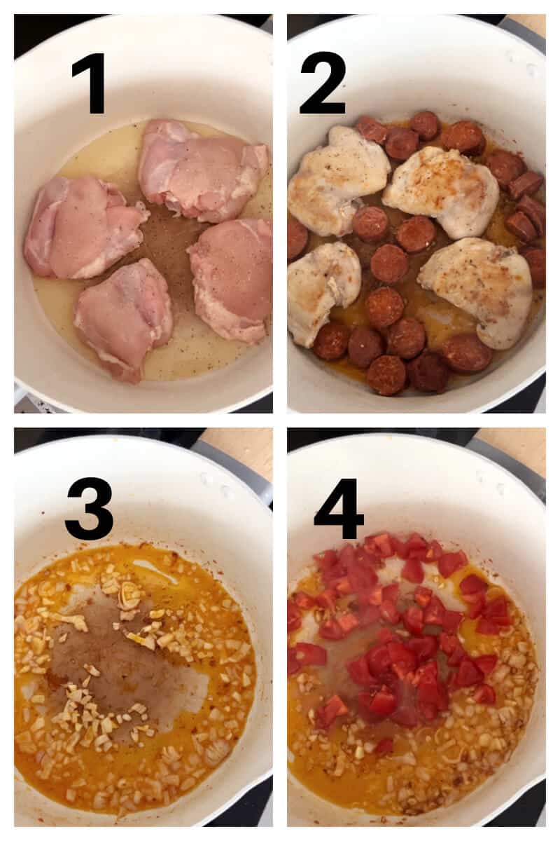 Collage of 4 photos to show how to make chicken and chorizo rice.