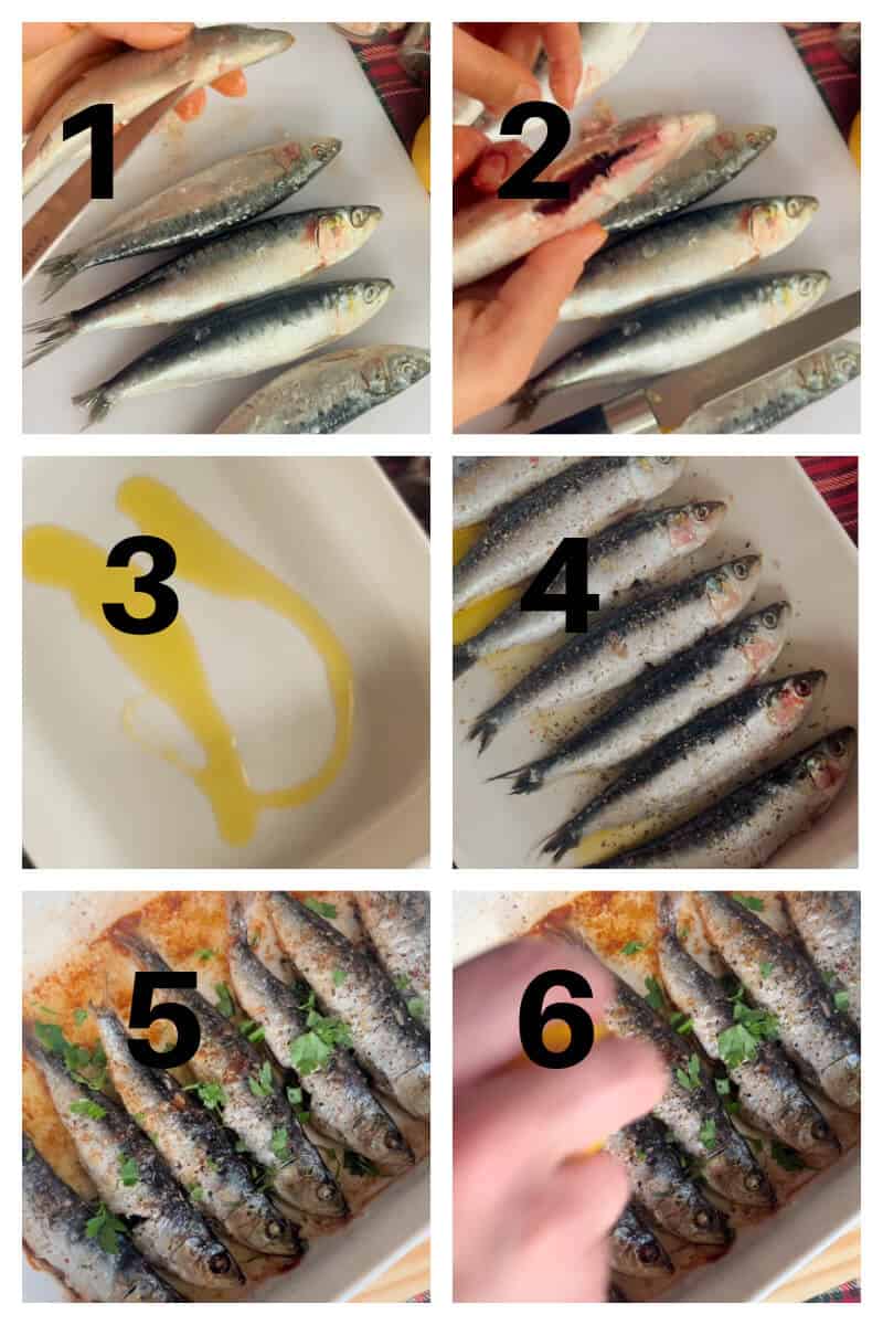 Collage of 6 photos to show how to prepare and bake the sardines.
