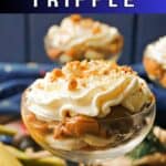 A close-up of a glass with banoffe trifle.