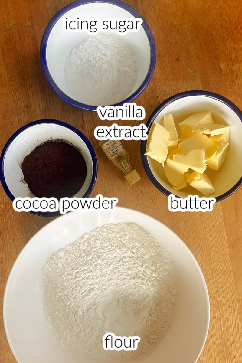Ingredients used to make chocolate butter cookies.