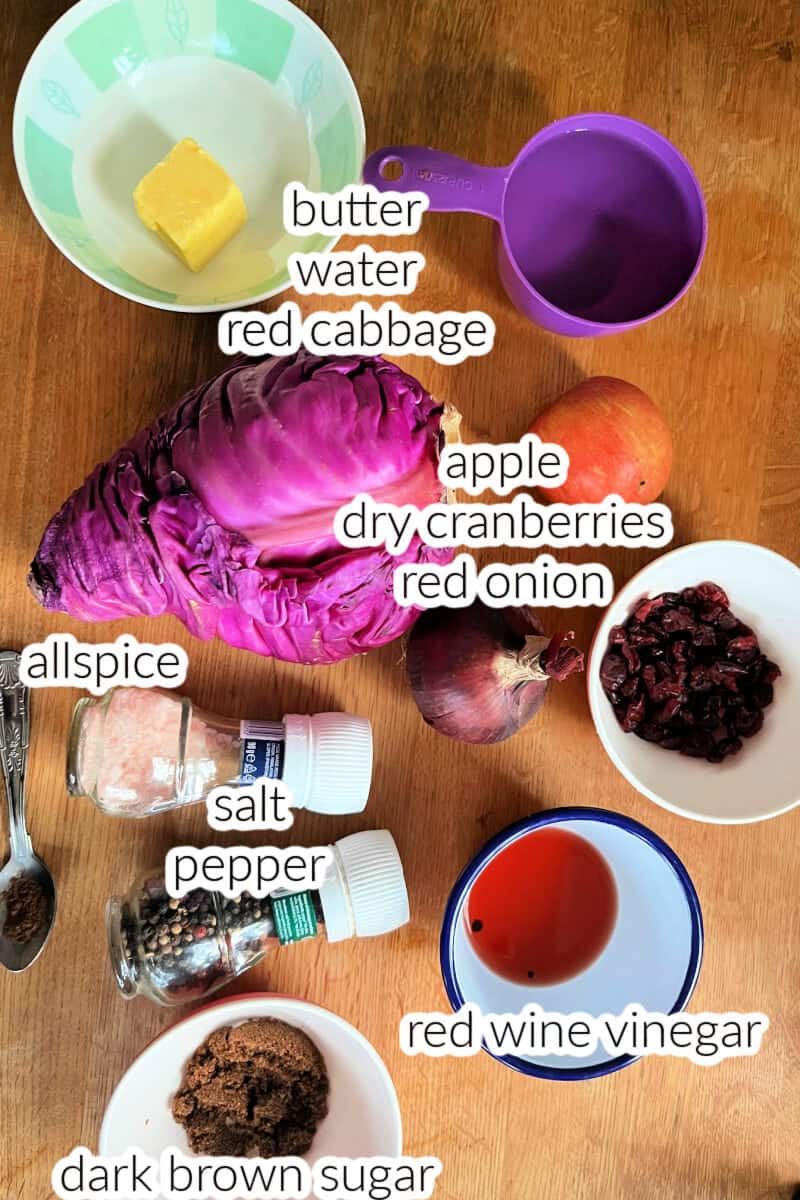 Ingredients used to make braised red cabbage.