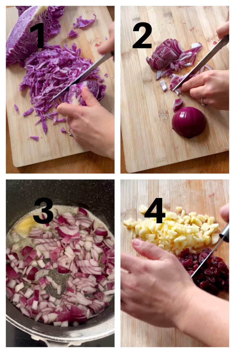 Collage of 4 photos to show how to shred red cabbage, and chop red onion, apple and dried cranberries.