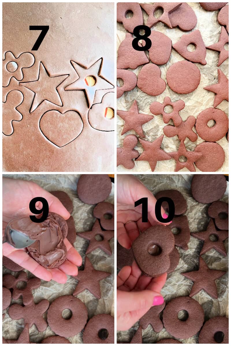 Collage of 4 photos to show how to make linzer cookies with chocolate and nutella.