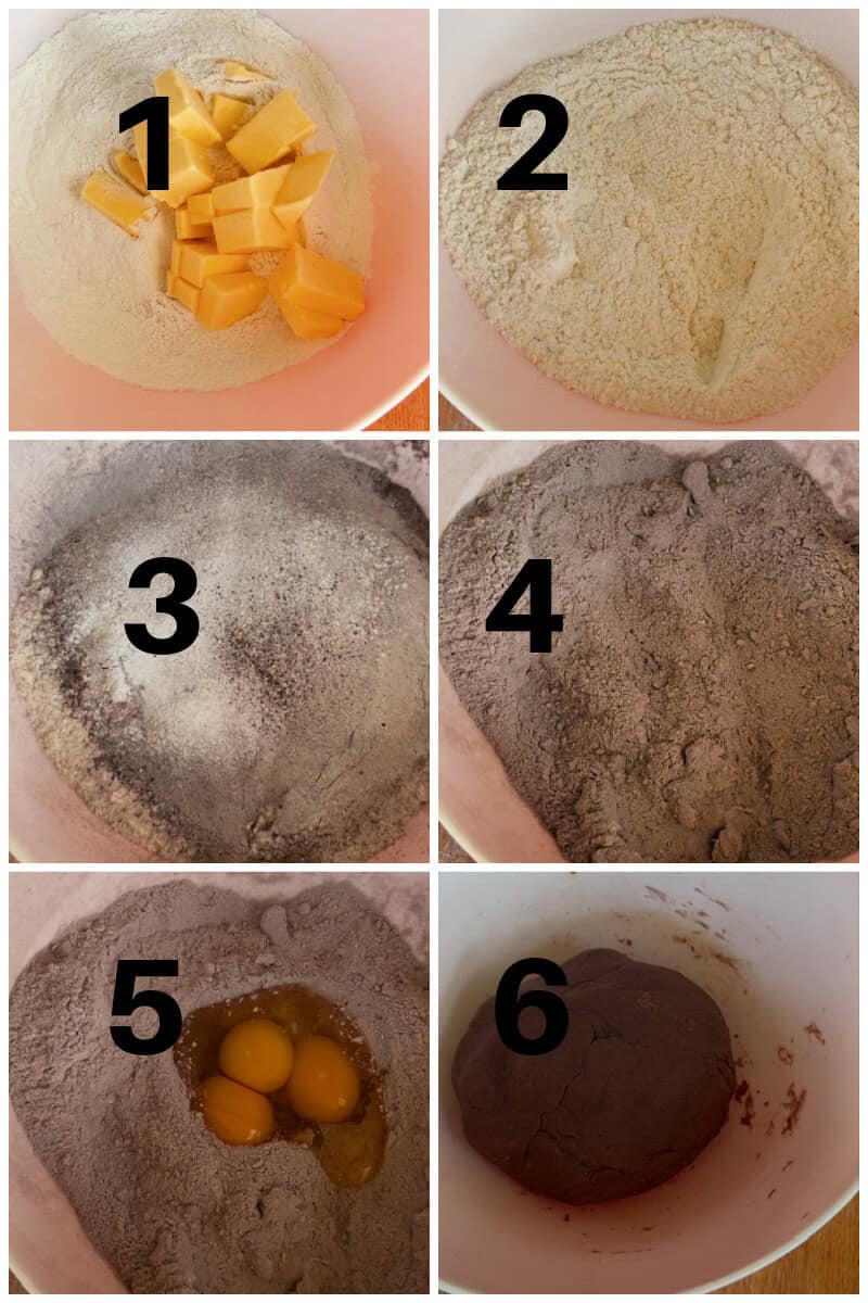 Collage of 6 photos to show how to make chocolate linzer cookies with nutella.