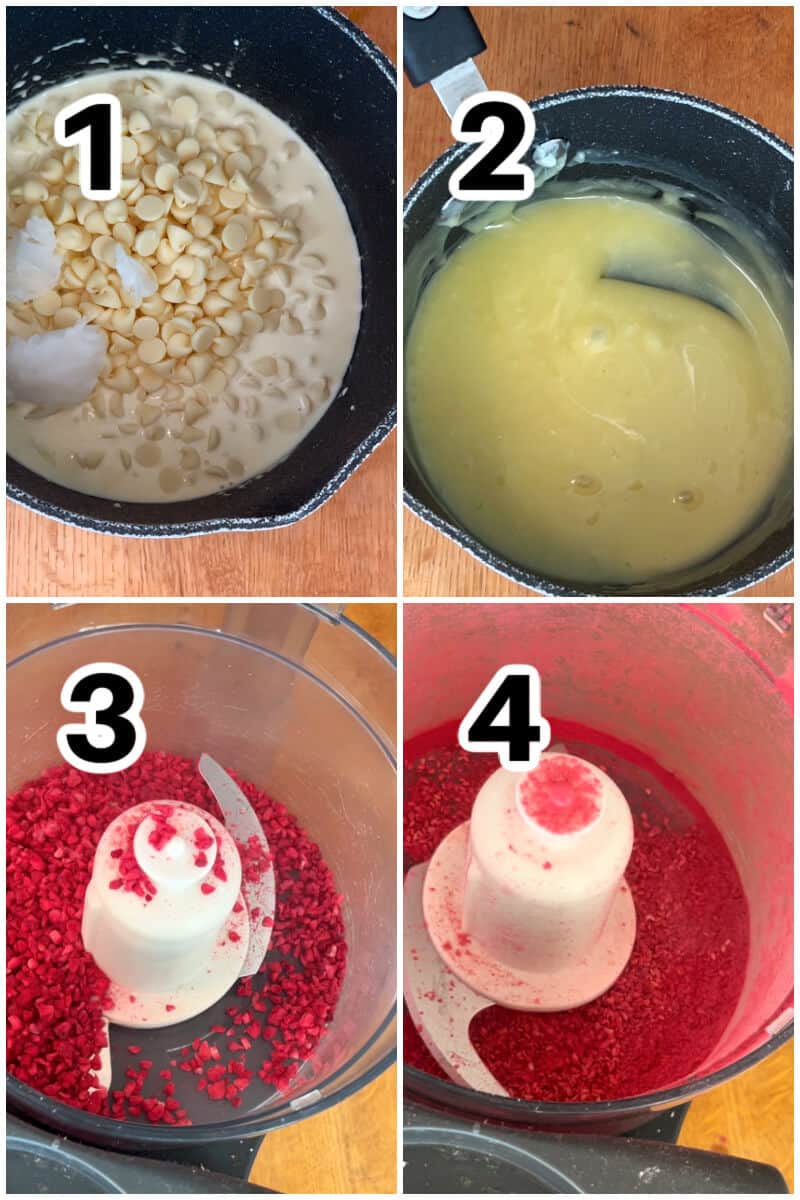 Collage of 4 photos to show how to make raspberry filling for truffles.