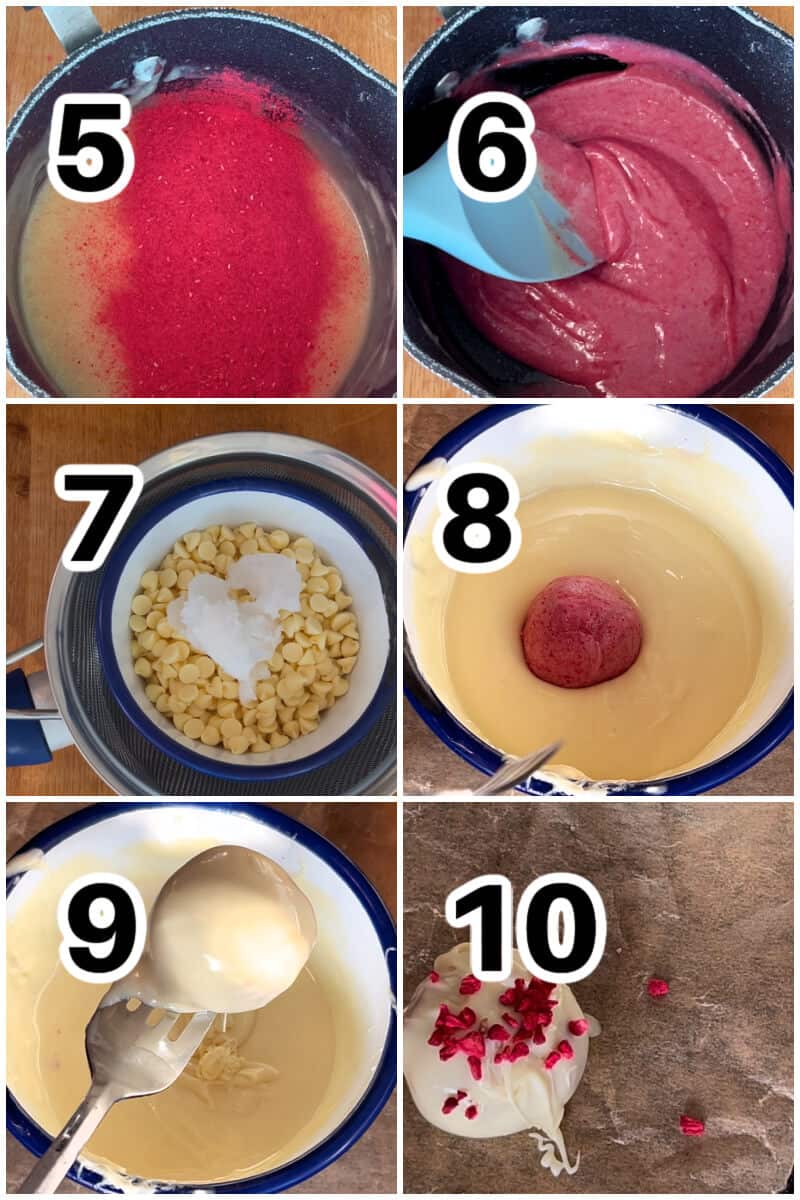 Collage of 6 photos to show how to make raspberry truffles with white chocolate.