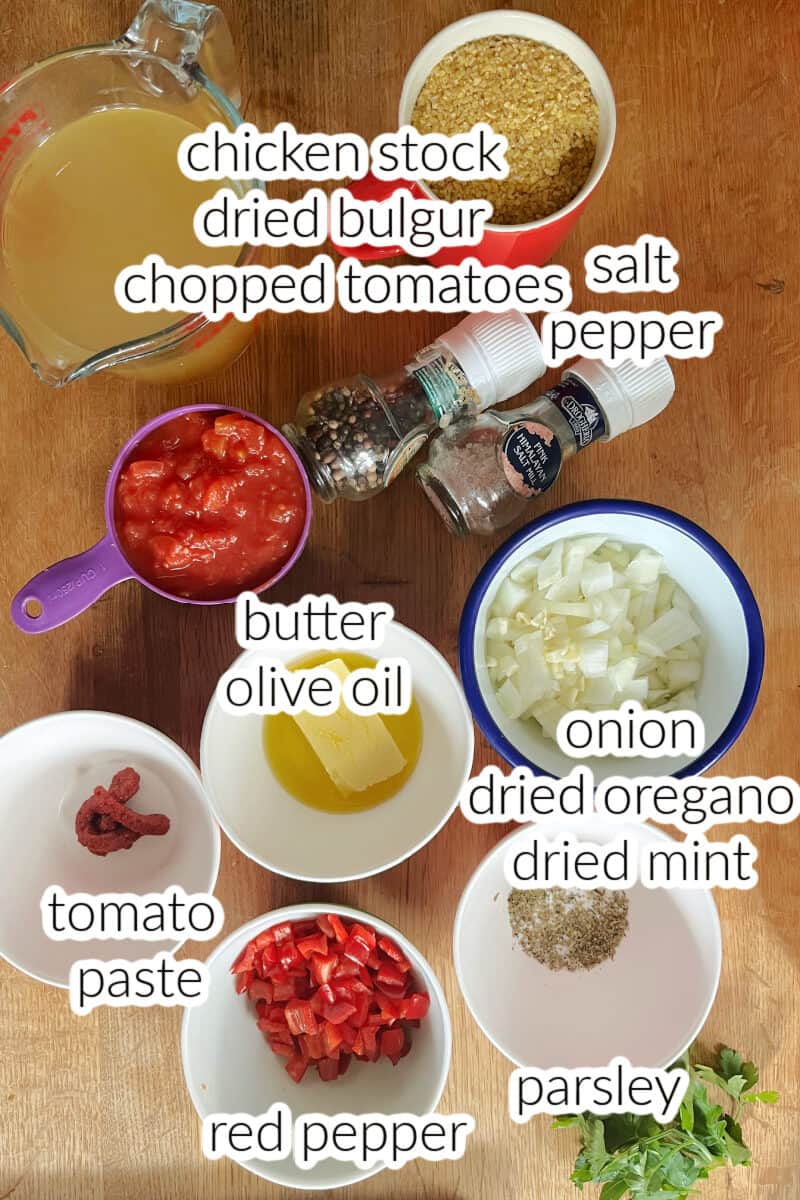 Ingredients used to make bulgur pilaf.