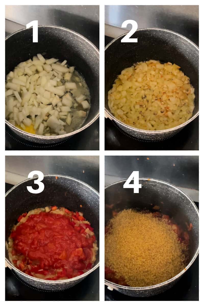 Collage of 4 photos to show how to make bulugr pilaf.