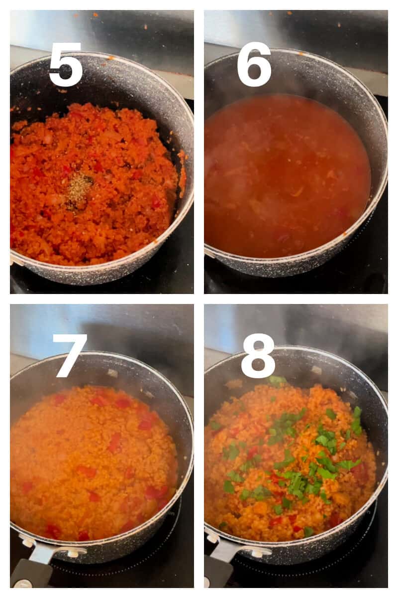 Collage of 4 photos to show how to make bulgur pilaf.