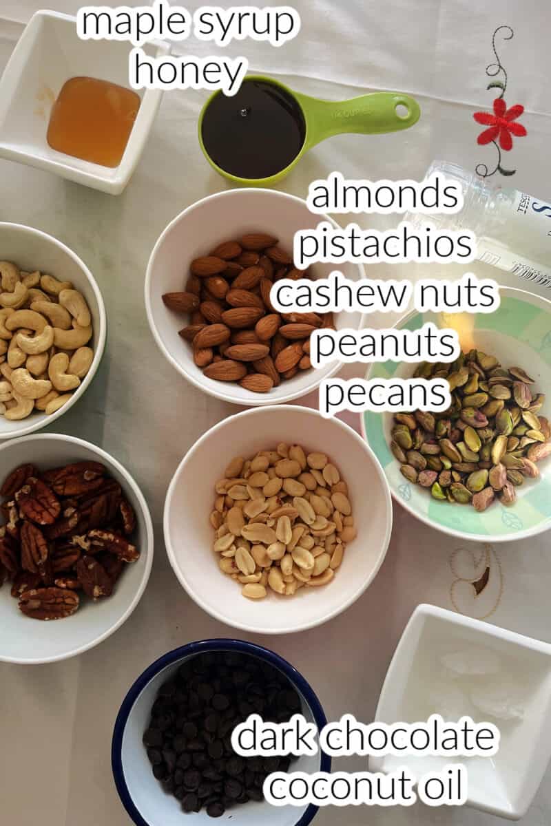 Ingredients used to make chocolate nut clusters.
